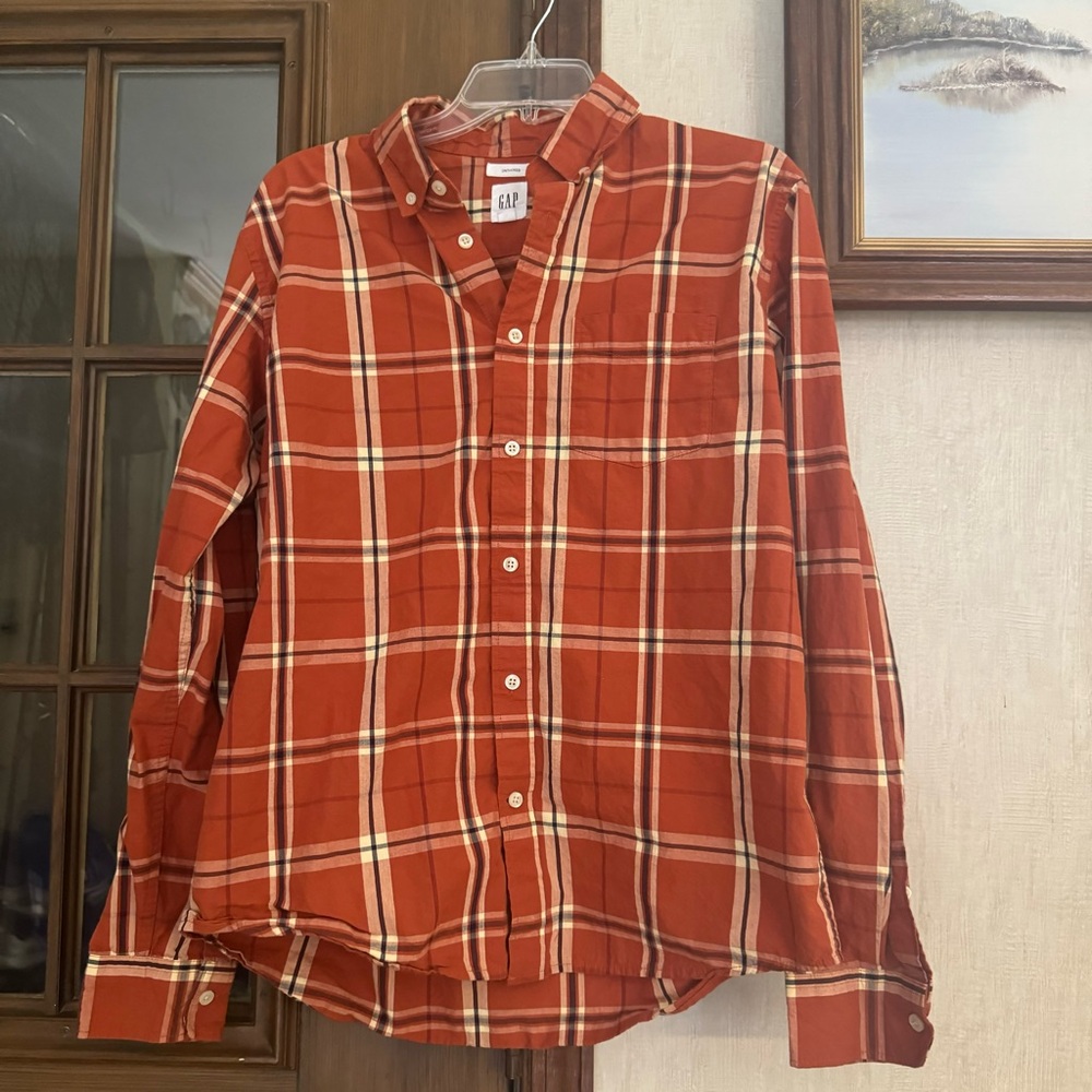 GAP Men's Casual Orange Plaid Shirt